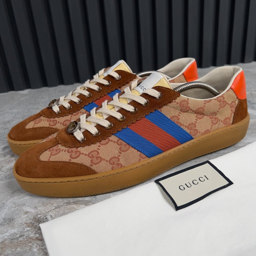 Gucci G 74 Web GG Sneakers Monogram Brown Suede Fabric 9 G or 9.5 US or 43 EUR